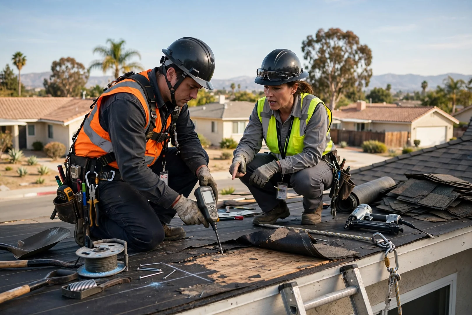 Project manager reviewing commercial roofing plans and material samples beside a rooftop drain and HVAC curb