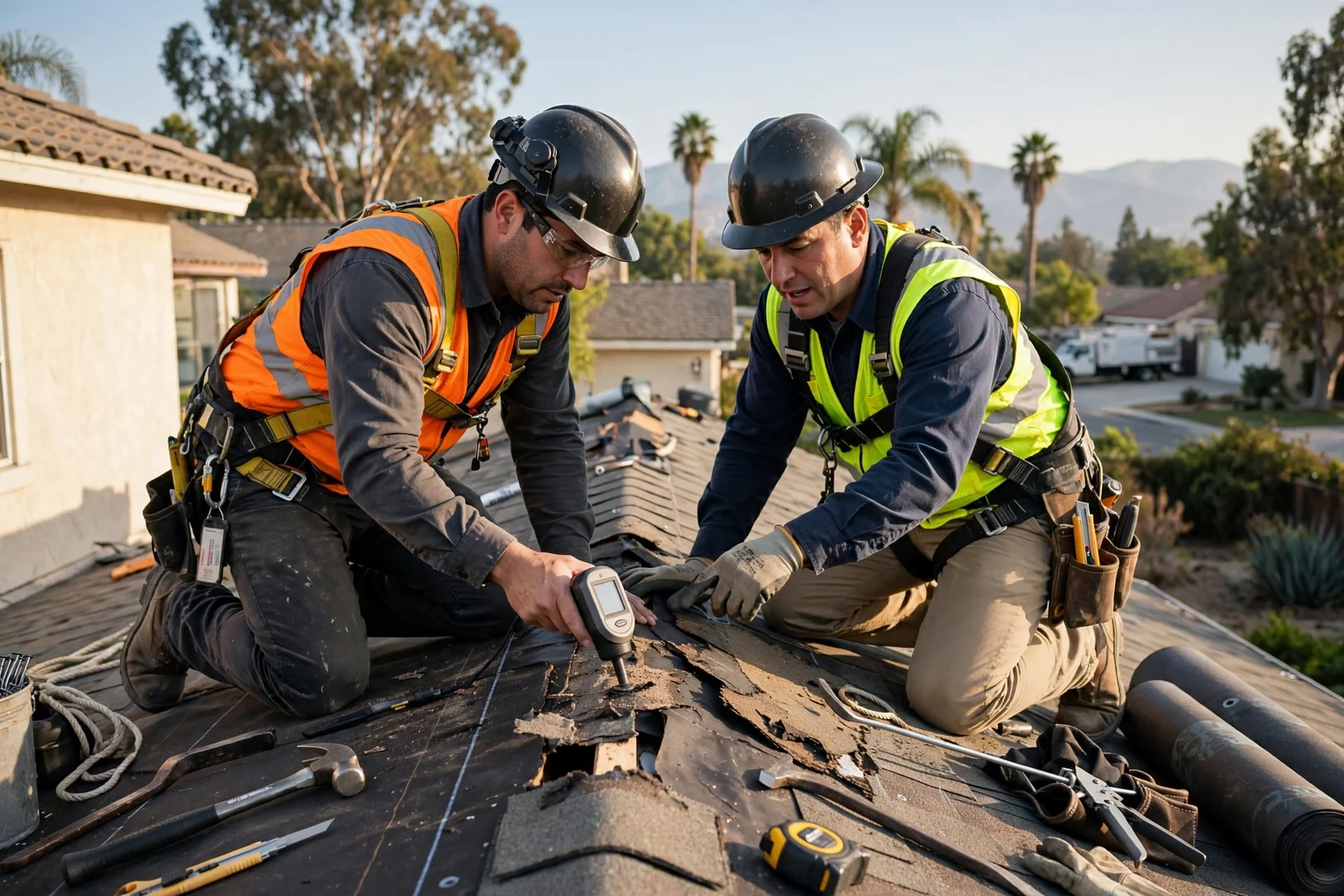Roofing technician inspecting low-slope commercial membrane and drain on a Baldwin Park building