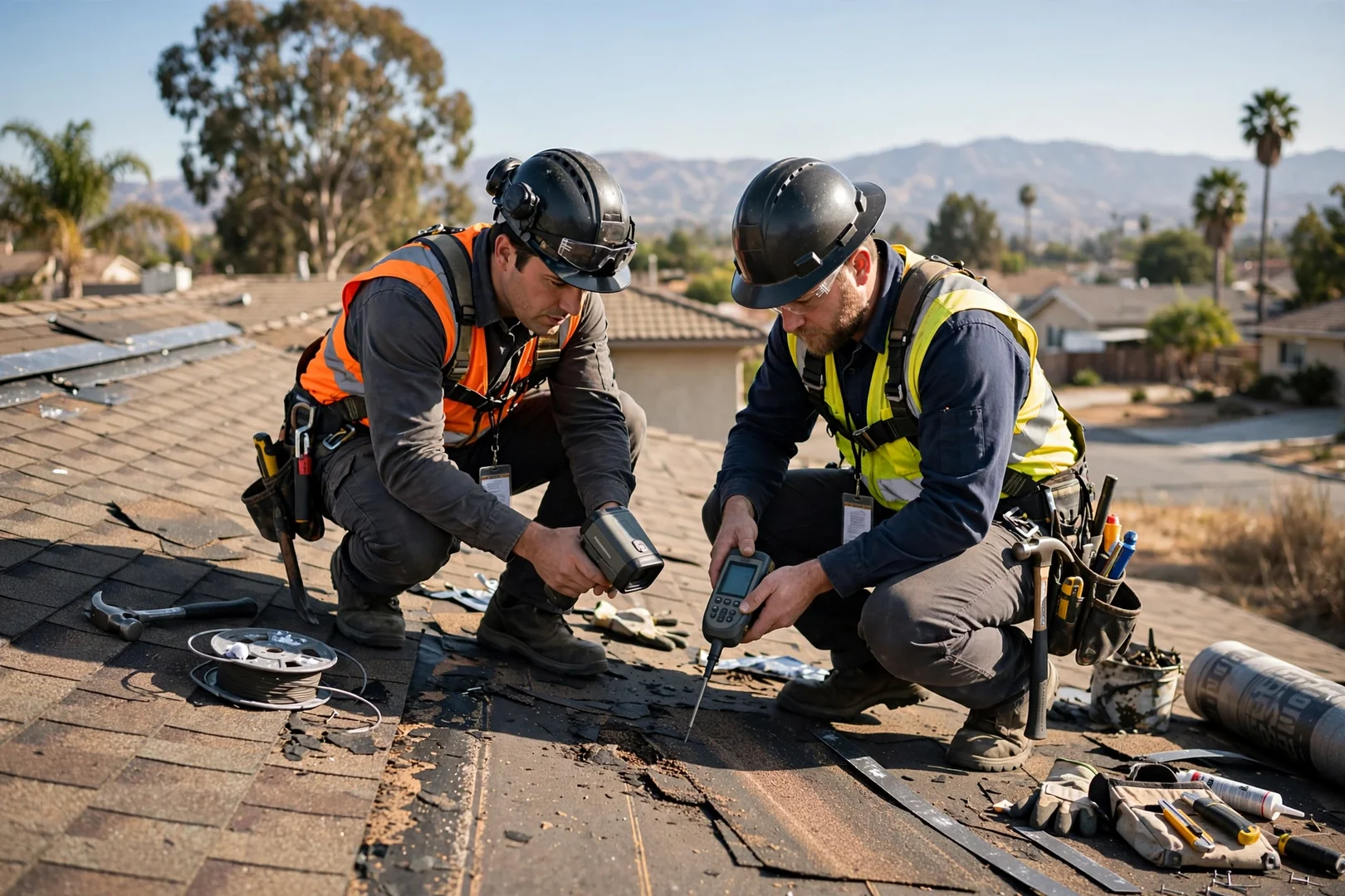 Roofing technician inspecting seams on a low-slope commercial membrane roof