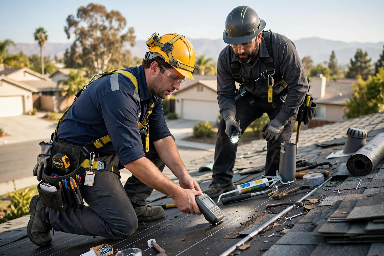 Roofing technician heat-welding TPO membrane seams on a flat commercial roof in Baldwin Park