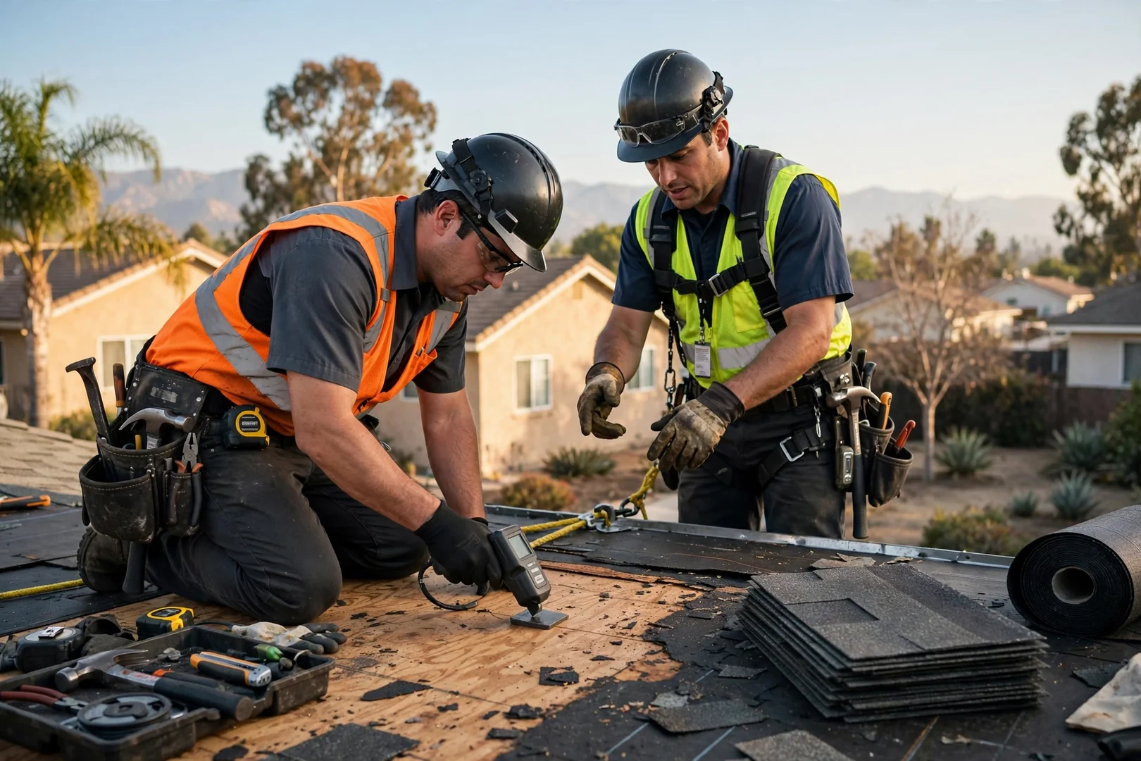 Roofing technician inspecting welded seams on a flat commercial roof in Baldwin Park