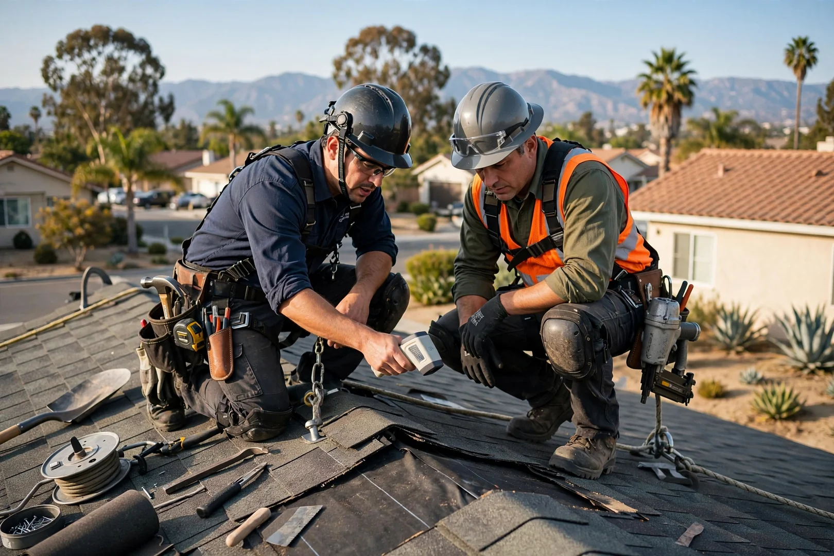 Estimator reviewing linear footage measurements and gutter profile options with a homeowner at the roof edge