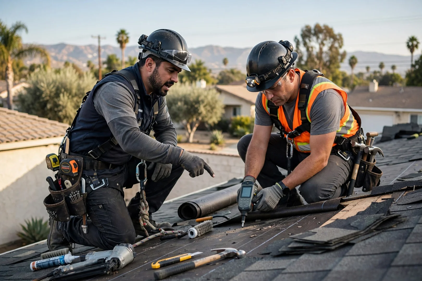 Technician measuring fascia line before seamless gutter installation on a Baldwin Park home