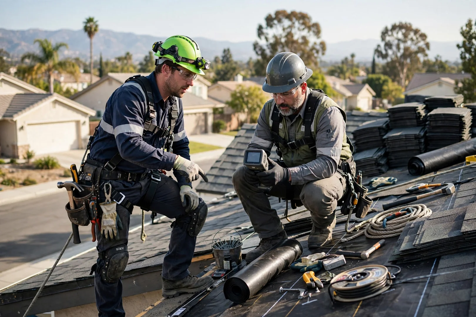 Roofing technician securing a new K-style gutter run along a Baldwin Park home fascia