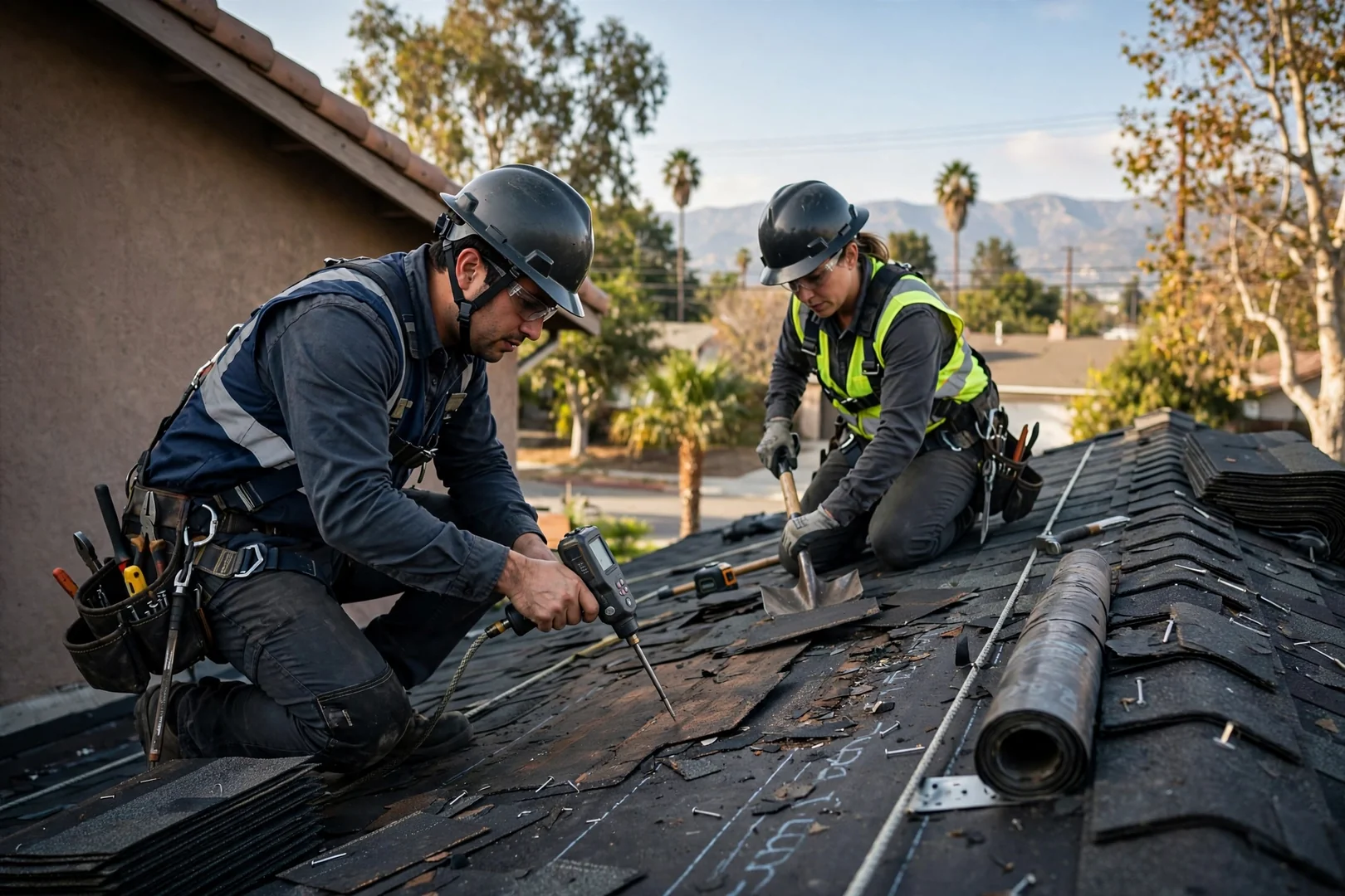 Roofing technician aligning seamless aluminum gutter section along fascia on a Baldwin Park home