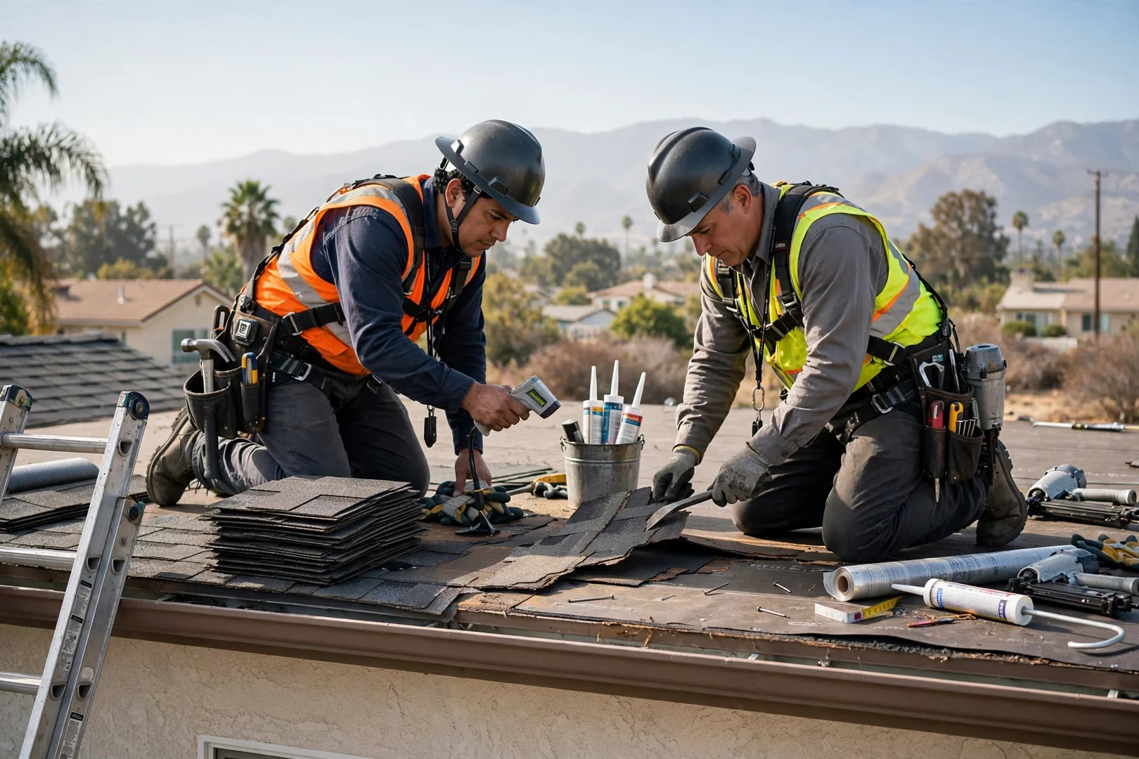 Estimator measuring roof planes and flashing details on a Baldwin Park home before metal panel installation