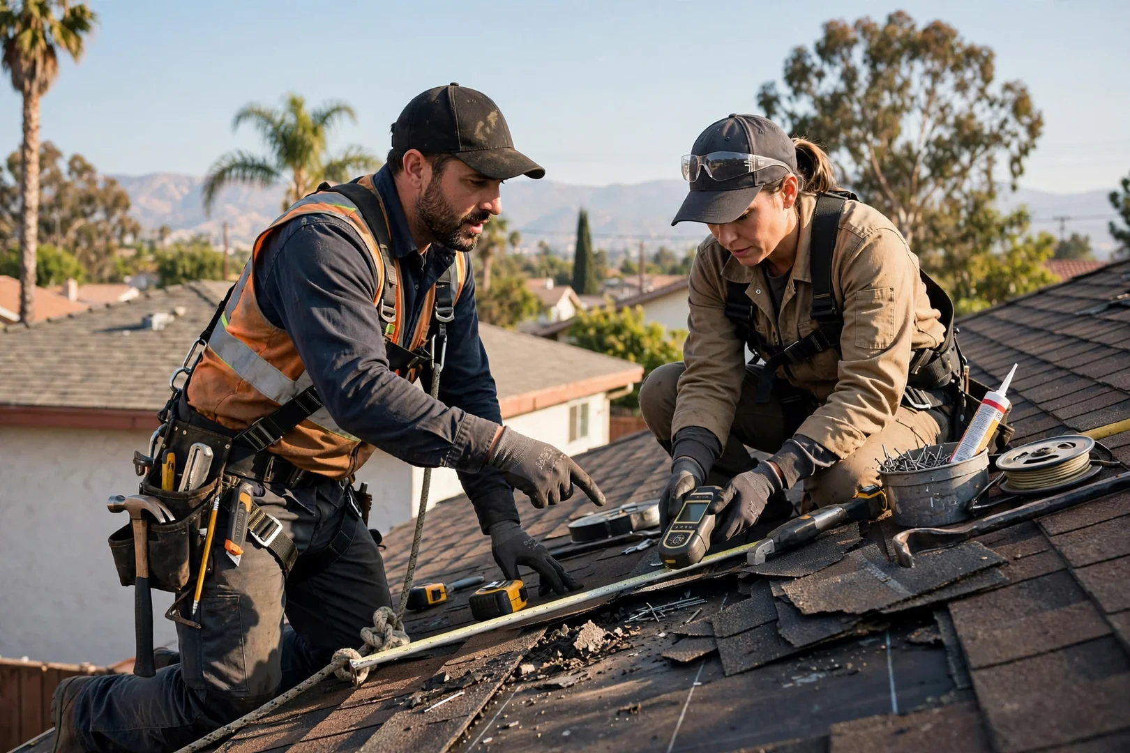 Roofing technician measuring standing seam metal panels on a Baldwin Park home roof
