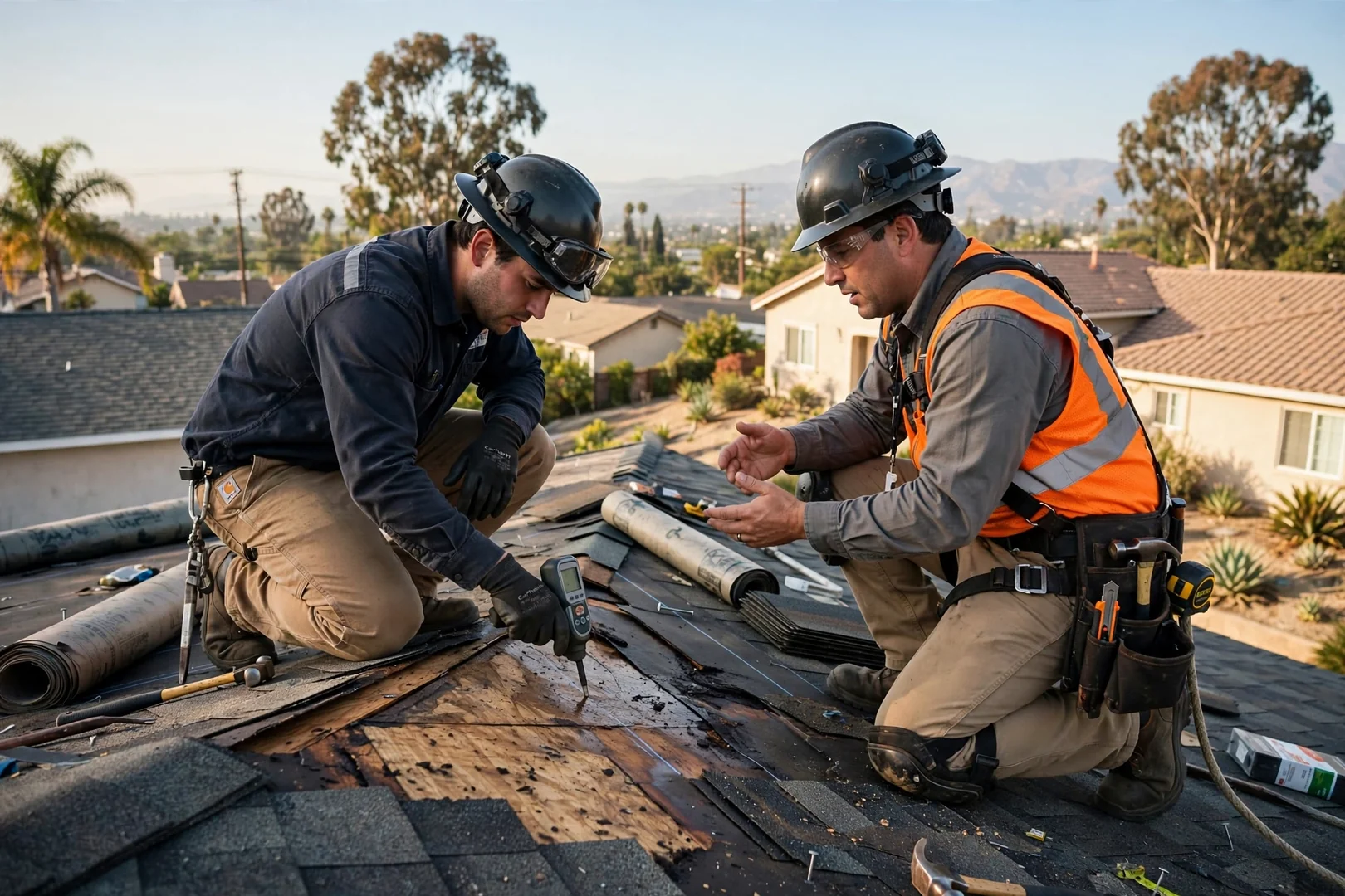 Roofer fastening standing seam metal panels along a residential roof slope