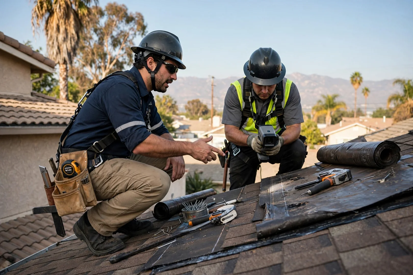 Roofing technicians seaming standing seam metal panels on a Baldwin Park home roof