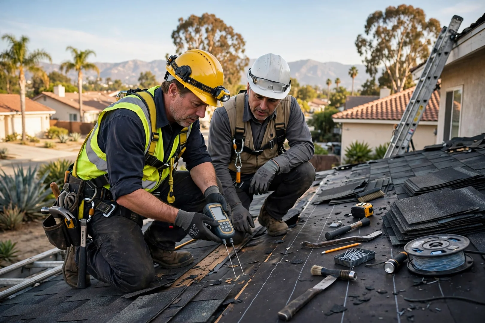 Roofing technician mechanically seaming standing seam metal panels on a Baldwin Park home