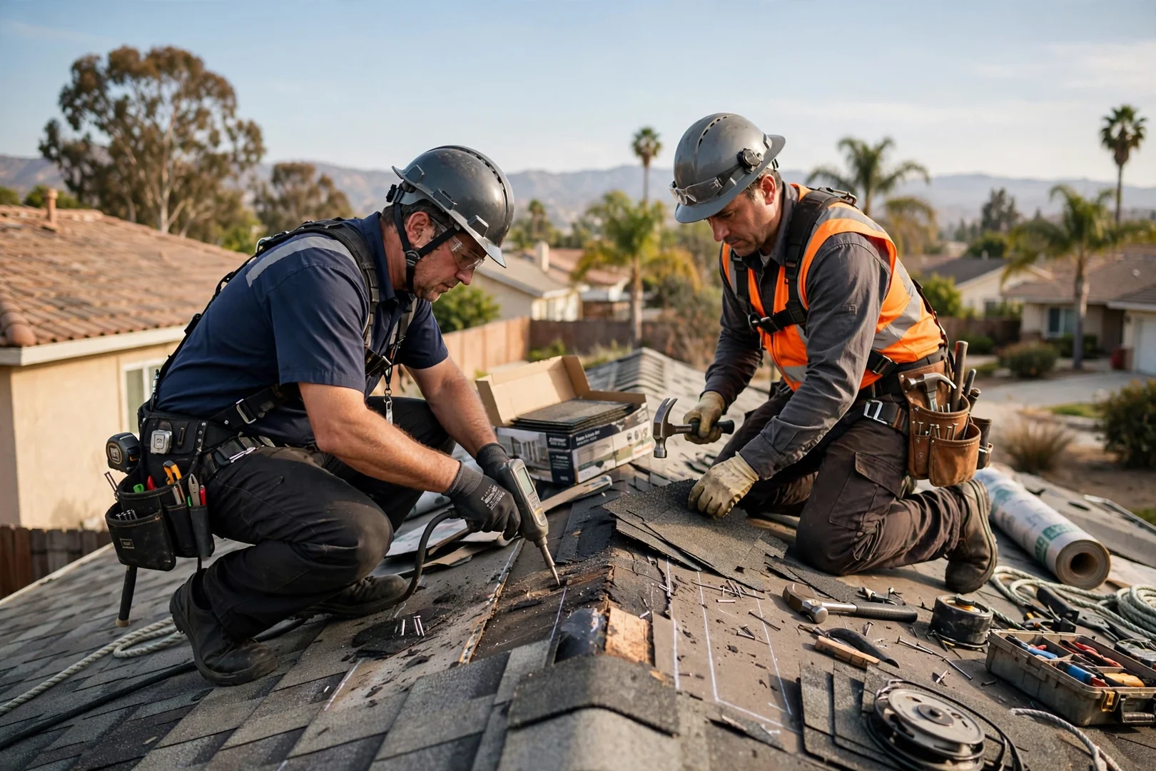 Roof inspector measuring slope and reviewing flashing details on a Baldwin Park residential roof before pricing