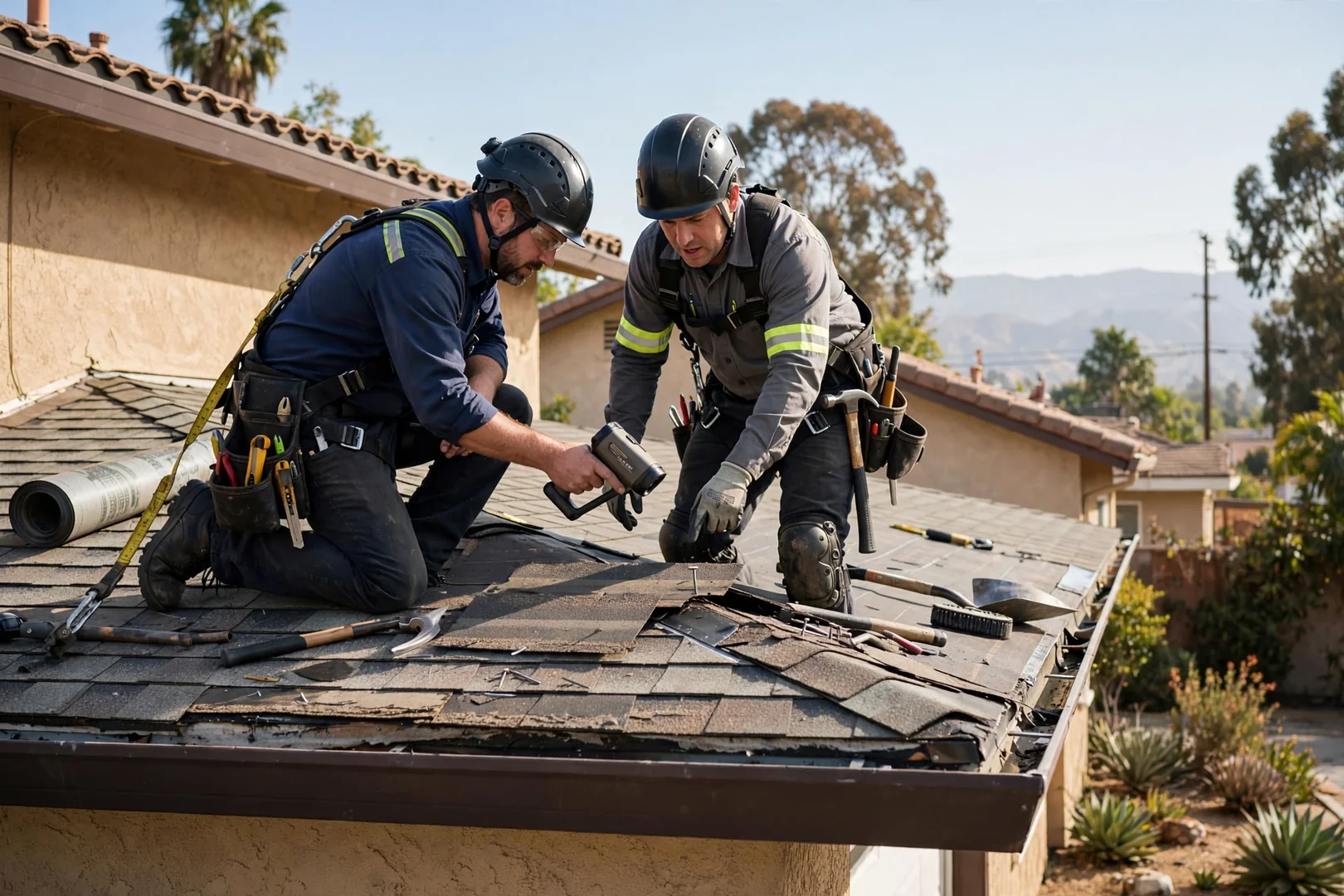 Roofing technician documenting shingle and flashing condition during a residential roof inspection in Baldwin Park