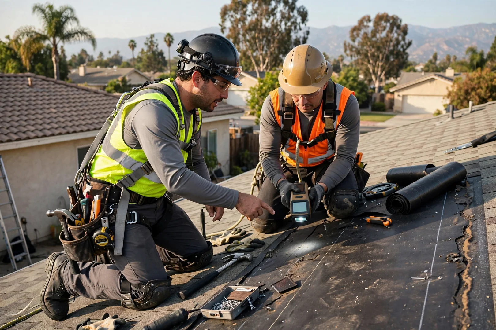 Roofing technician documenting flashing and shingle condition during a residential roof inspection in Baldwin Park