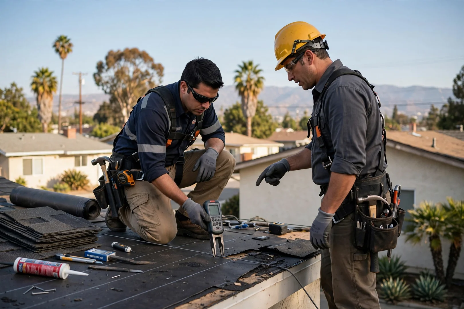 Roofing technician documenting flashing condition during a detailed roof inspection in Baldwin Park