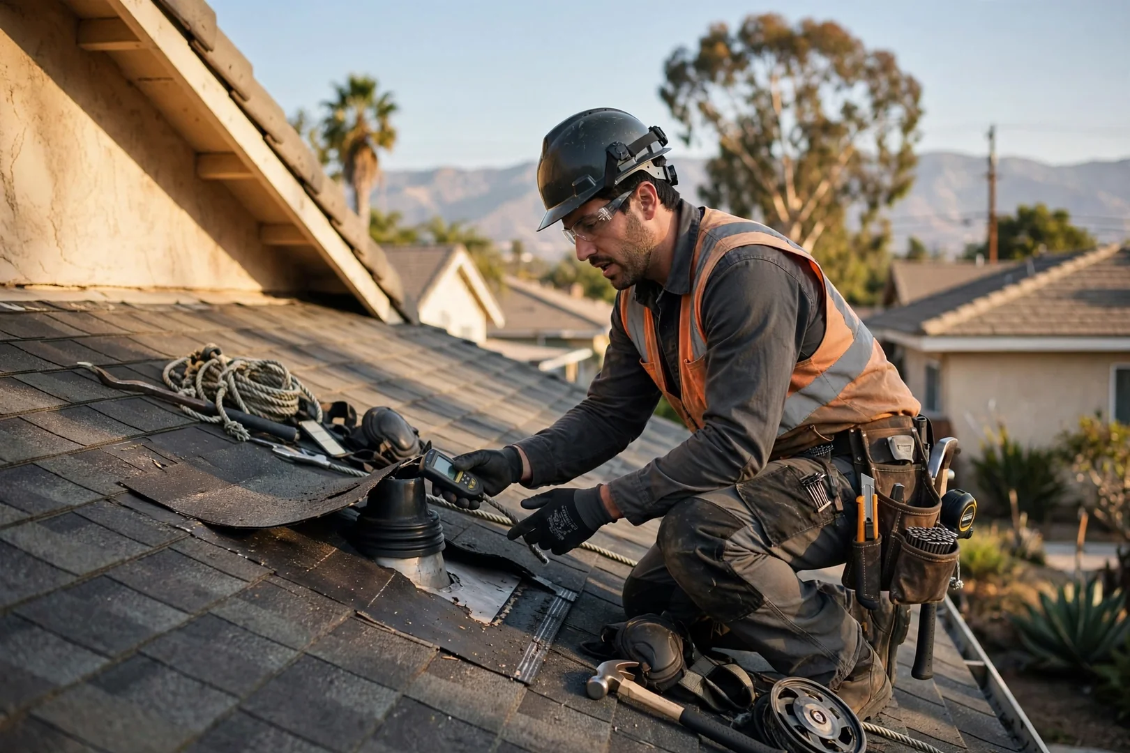 Estimator measuring a damaged shingle slope and recording repair notes on a residential roof