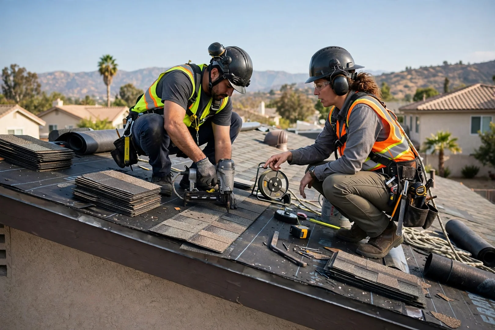 Roofing technician reviewing a written repair estimate with a homeowner beside a Baldwin Park home