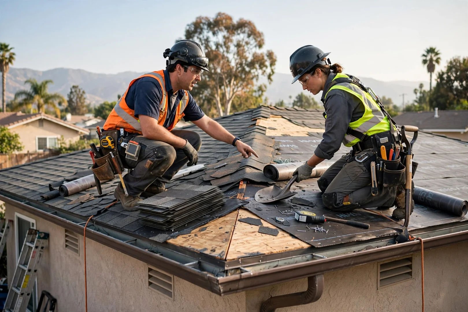 Roofing technician sealing flashing around a chimney on a Baldwin Park home