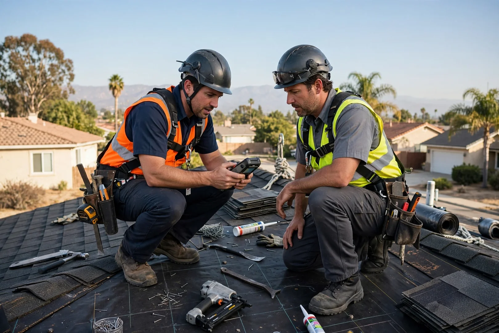 Roofing technician sealing flashing during a targeted shingle roof repair on a Baldwin Park home