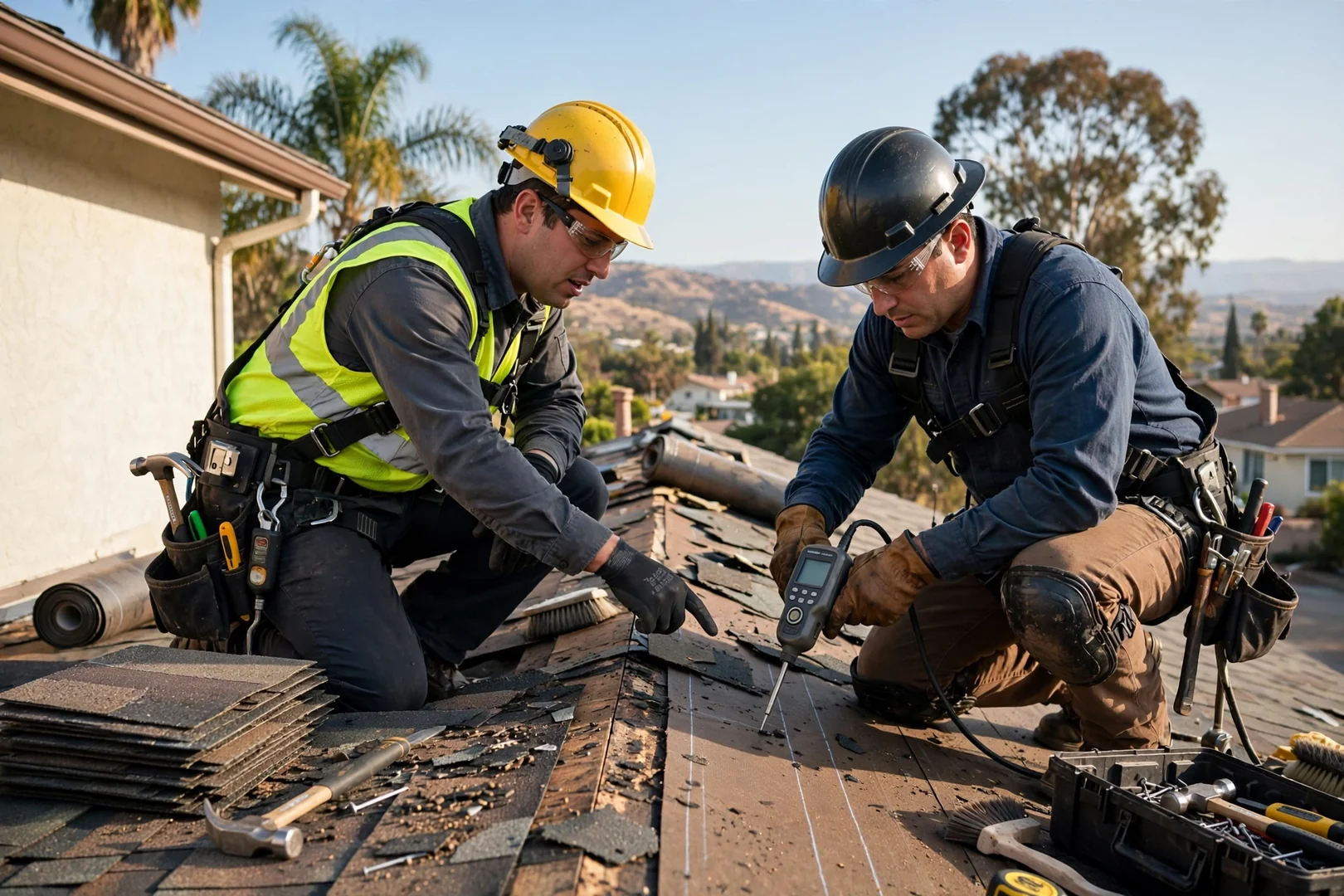 Estimator measuring roof squares and documenting decking condition before a full roof replacement project