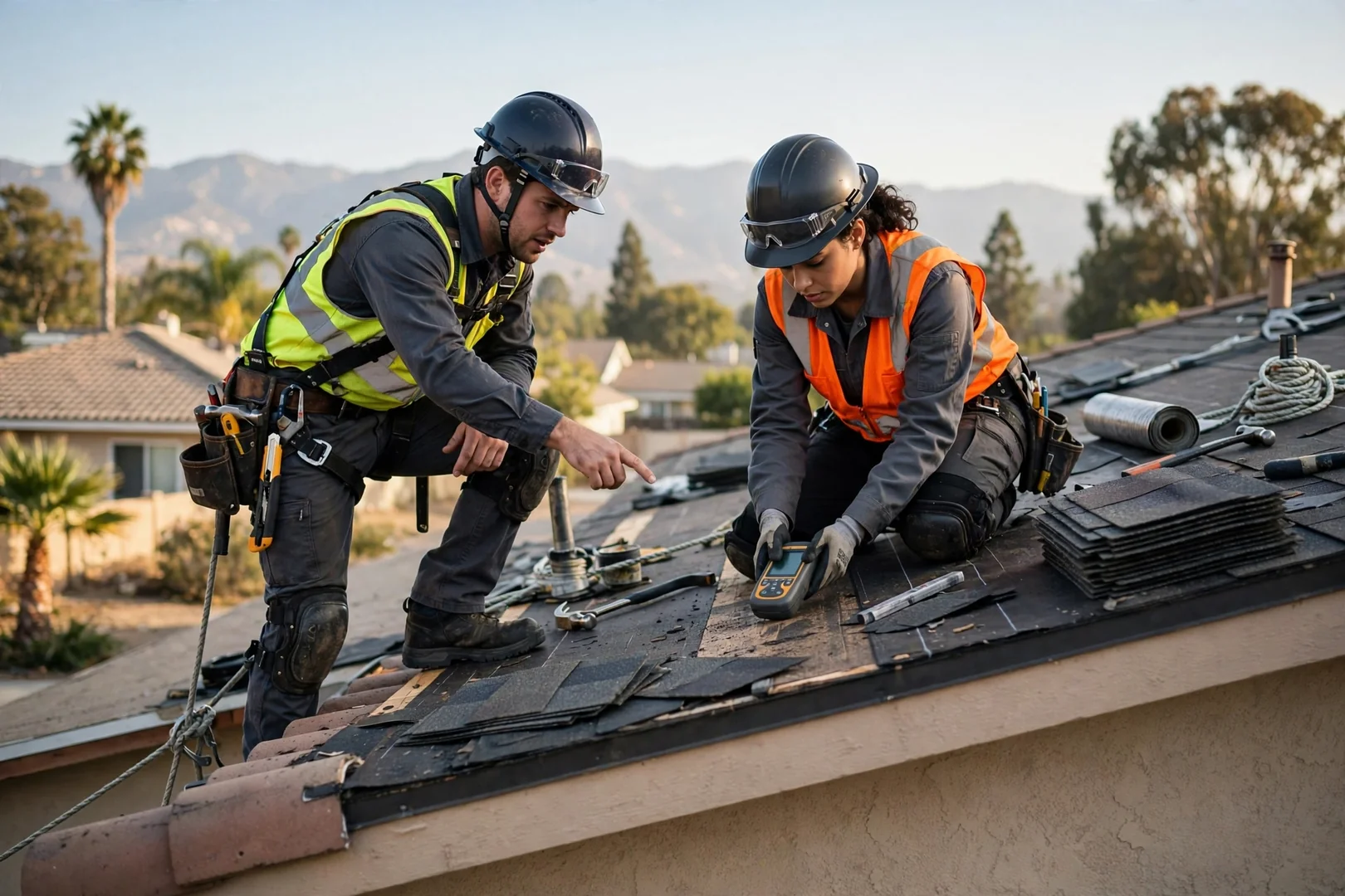 Roofing technician reviewing written replacement estimate with homeowner outside a Baldwin Park house