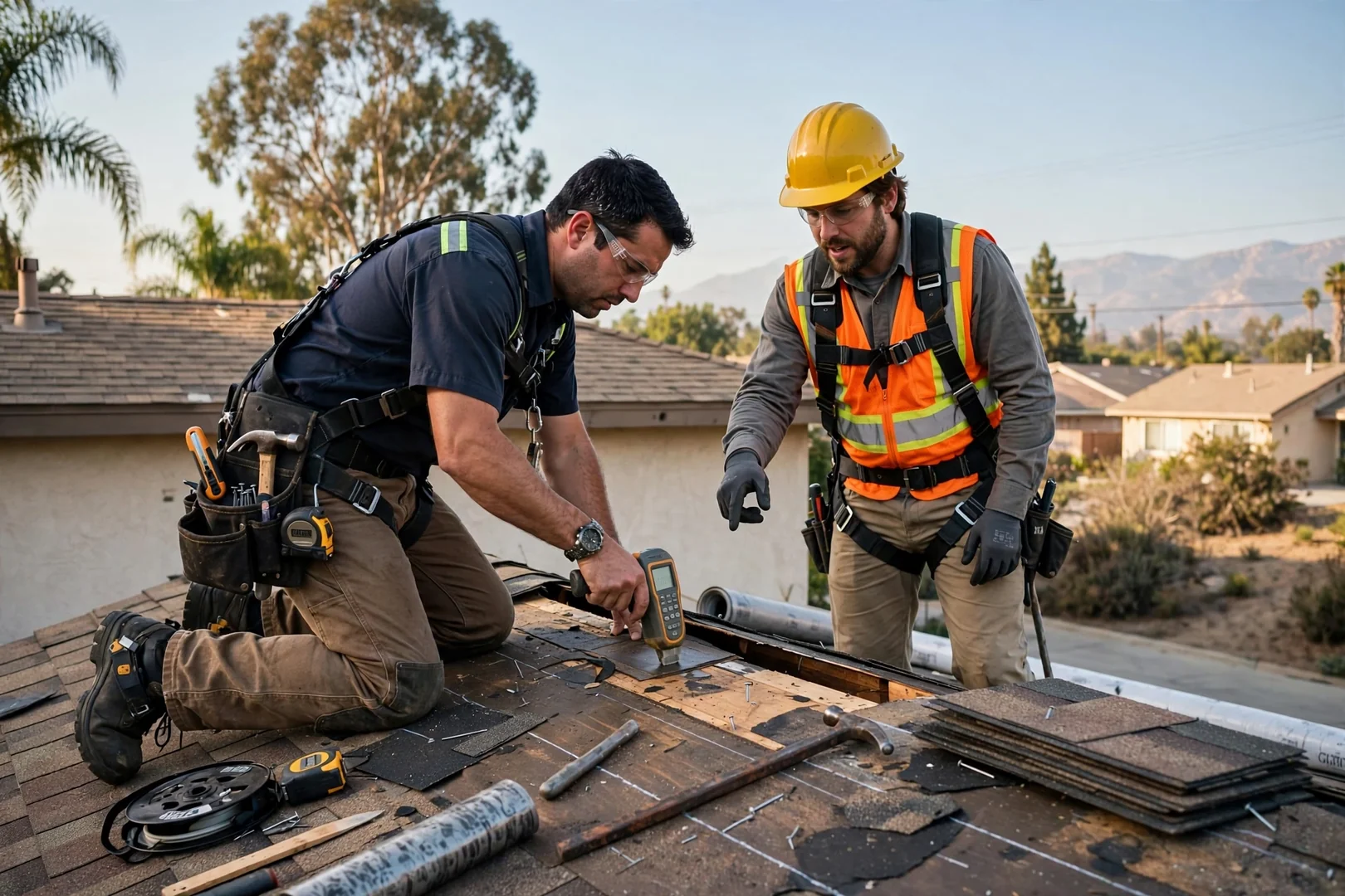 Roofing crew installing underlayment and new shingles during a full residential re-roof