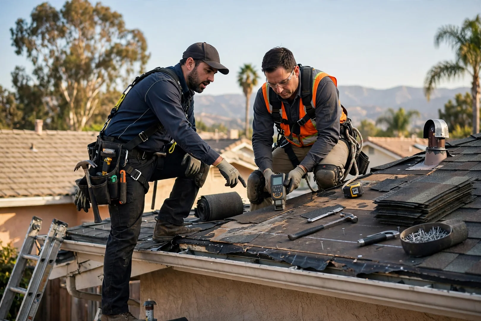 Roofing technicians installing new underlayment and shingles during a full roof replacement in Baldwin Park