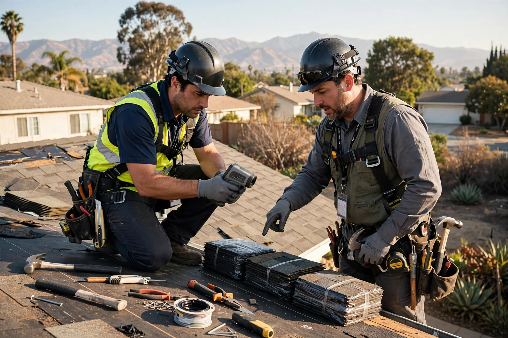 Roofing technicians installing underlayment and architectural shingles during a full roof replacement in Baldwin Park