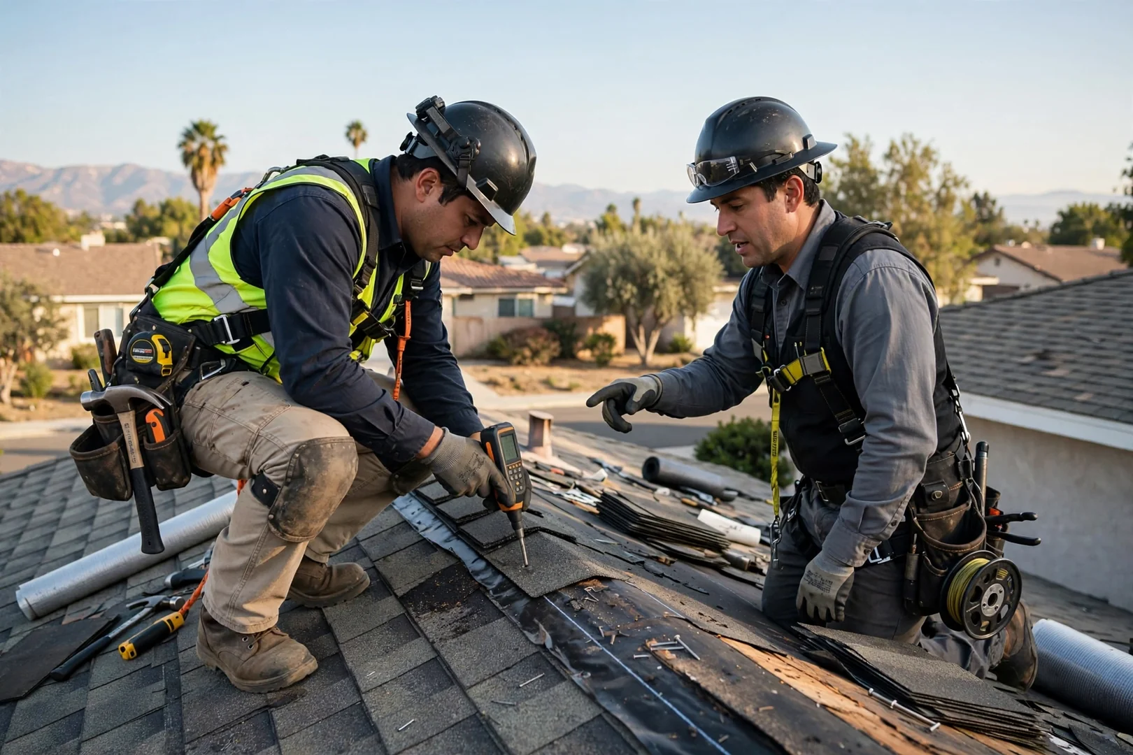 Roofing crew staging ladders and safety gear outside a Baldwin Park home