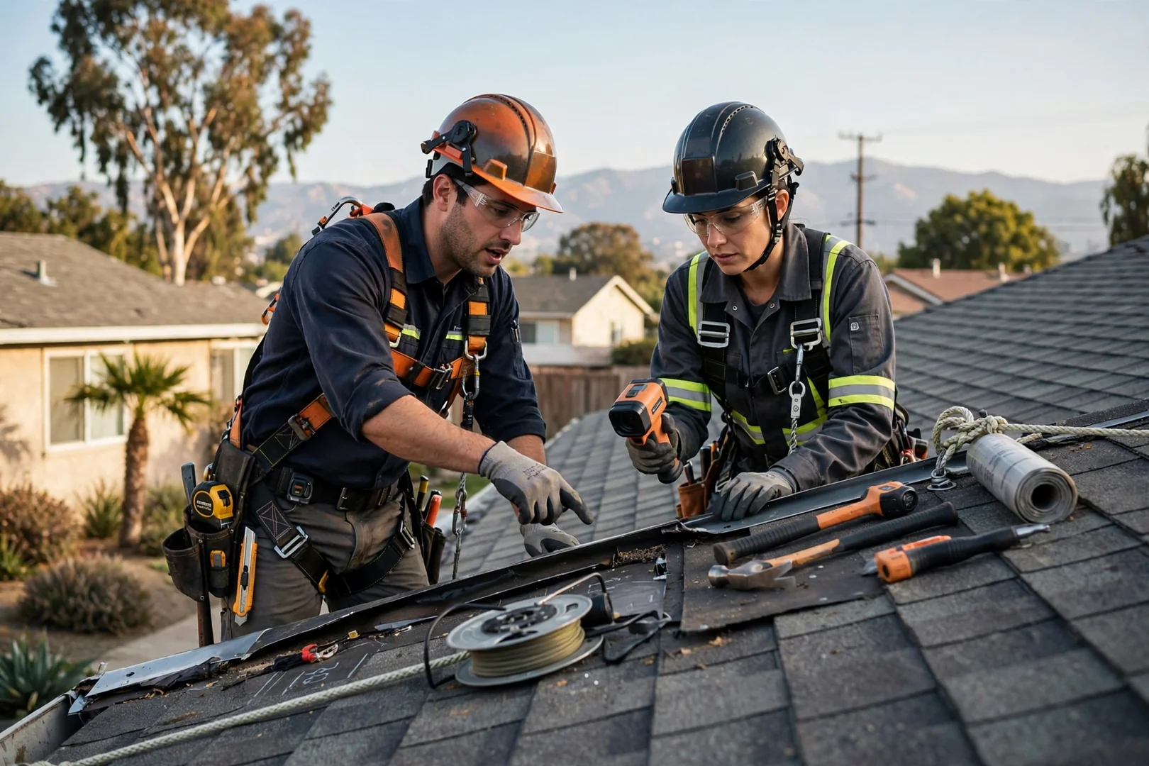 Crew fastening metal roofing panels over underlayment on a home