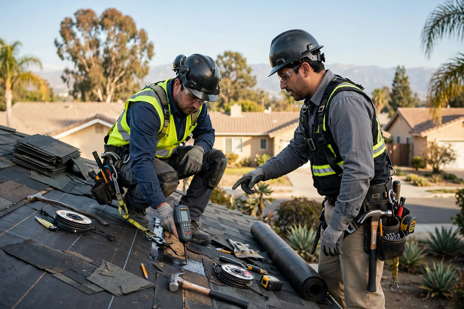 Technician inspecting a shingle roof deck in Baldwin Park