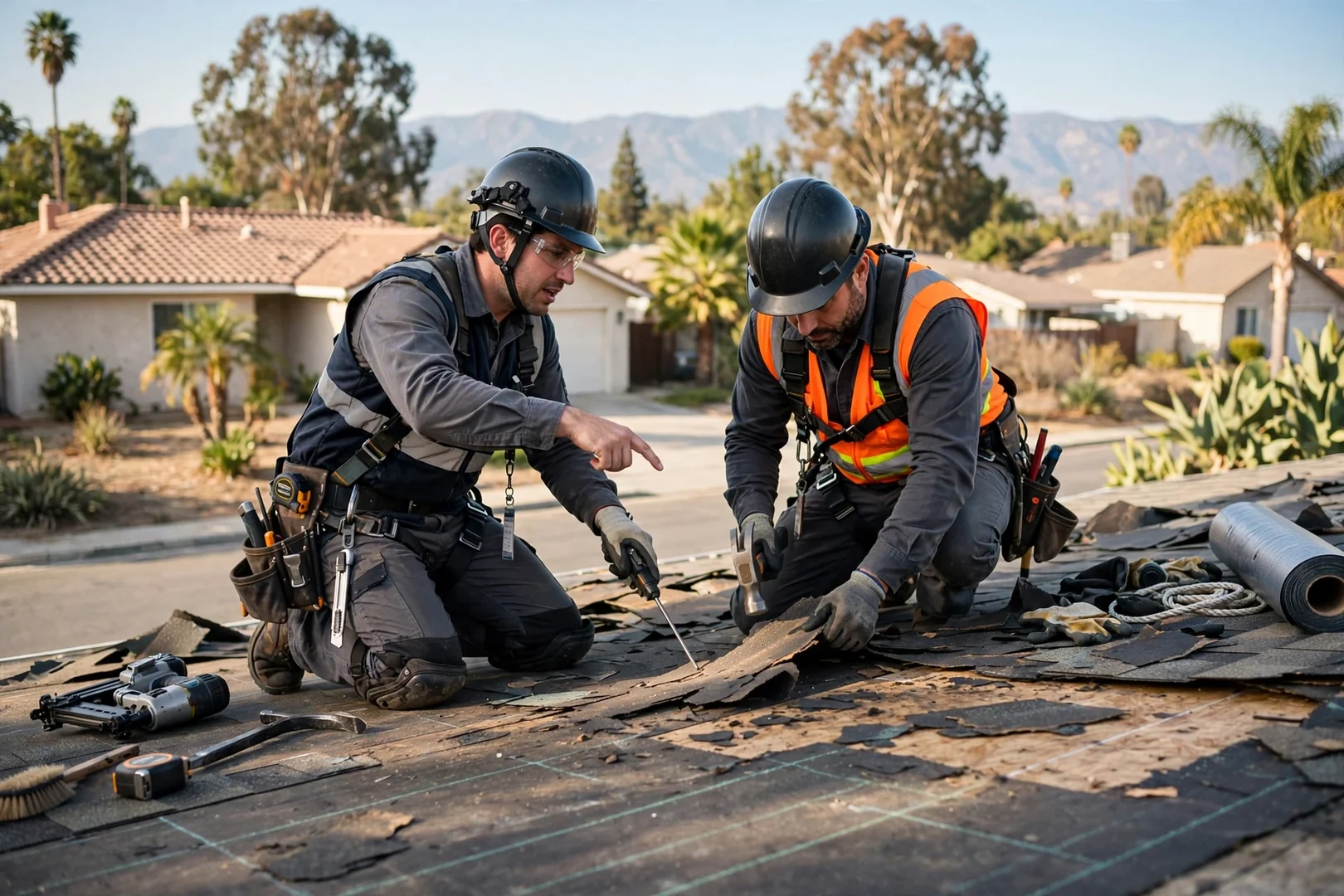 Roofing technician reviewing written estimate with homeowner beside finished roof