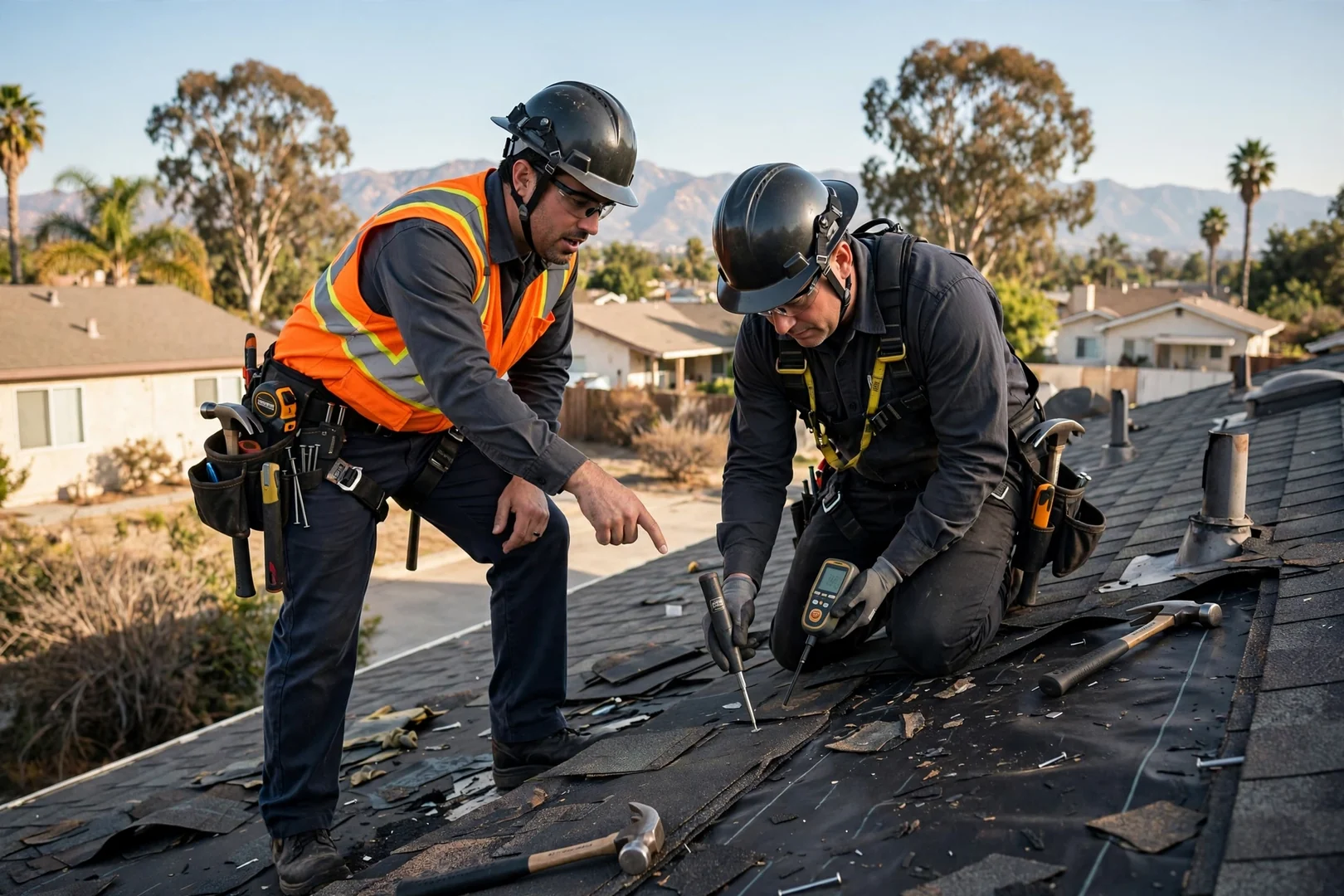 Roofing estimator measuring roof planes and documenting shingle condition on a Baldwin Park home