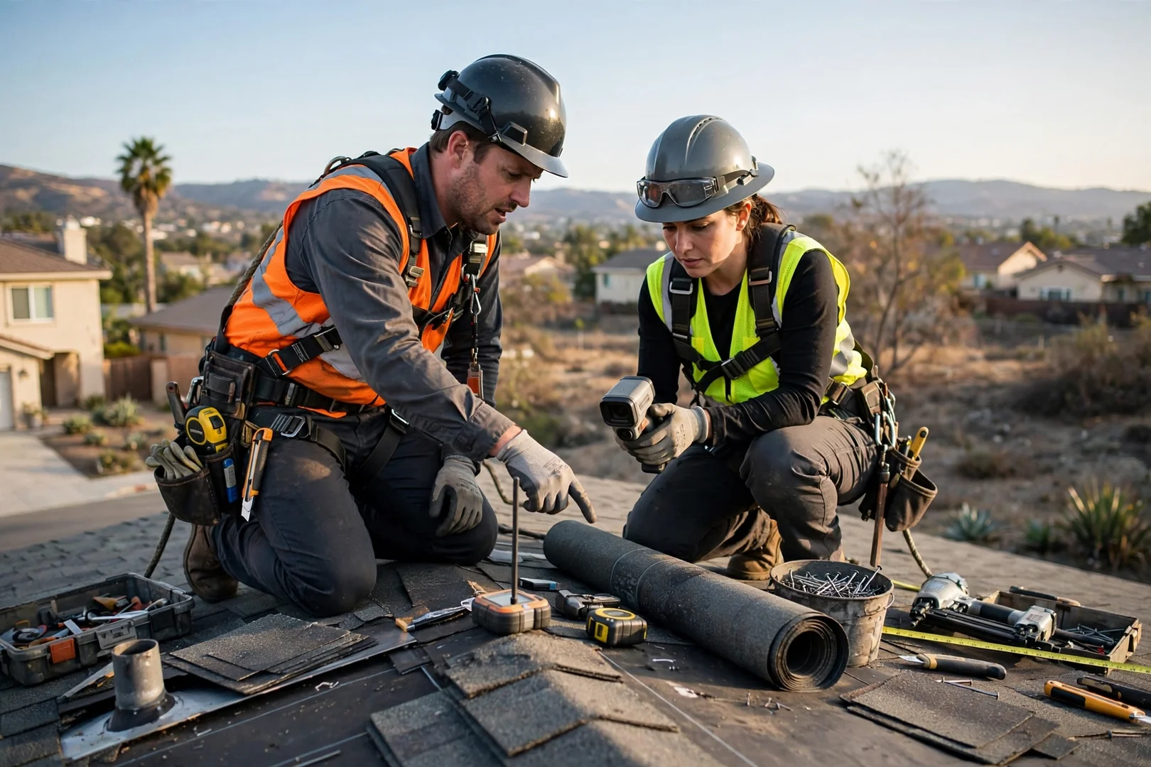 Roofing technician measuring shingle courses during a residential roof evaluation