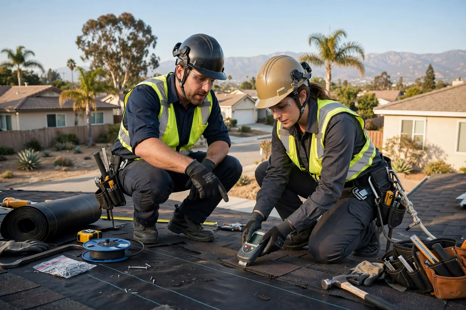 Close inspection of metal flashing and sealant along a roof valley