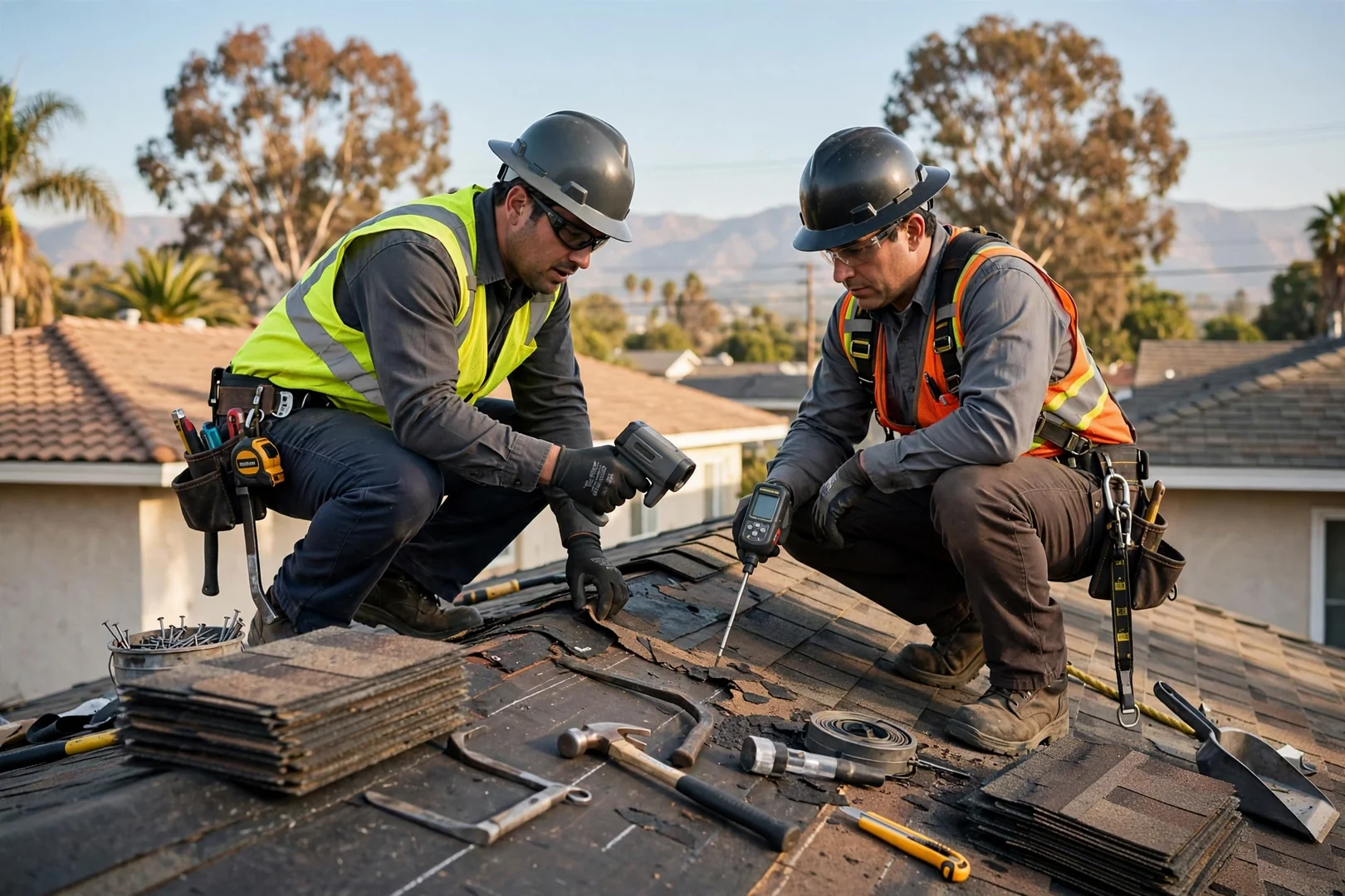 Roofing technician measuring shingle surface while preparing a written estimate for a Baldwin Park home