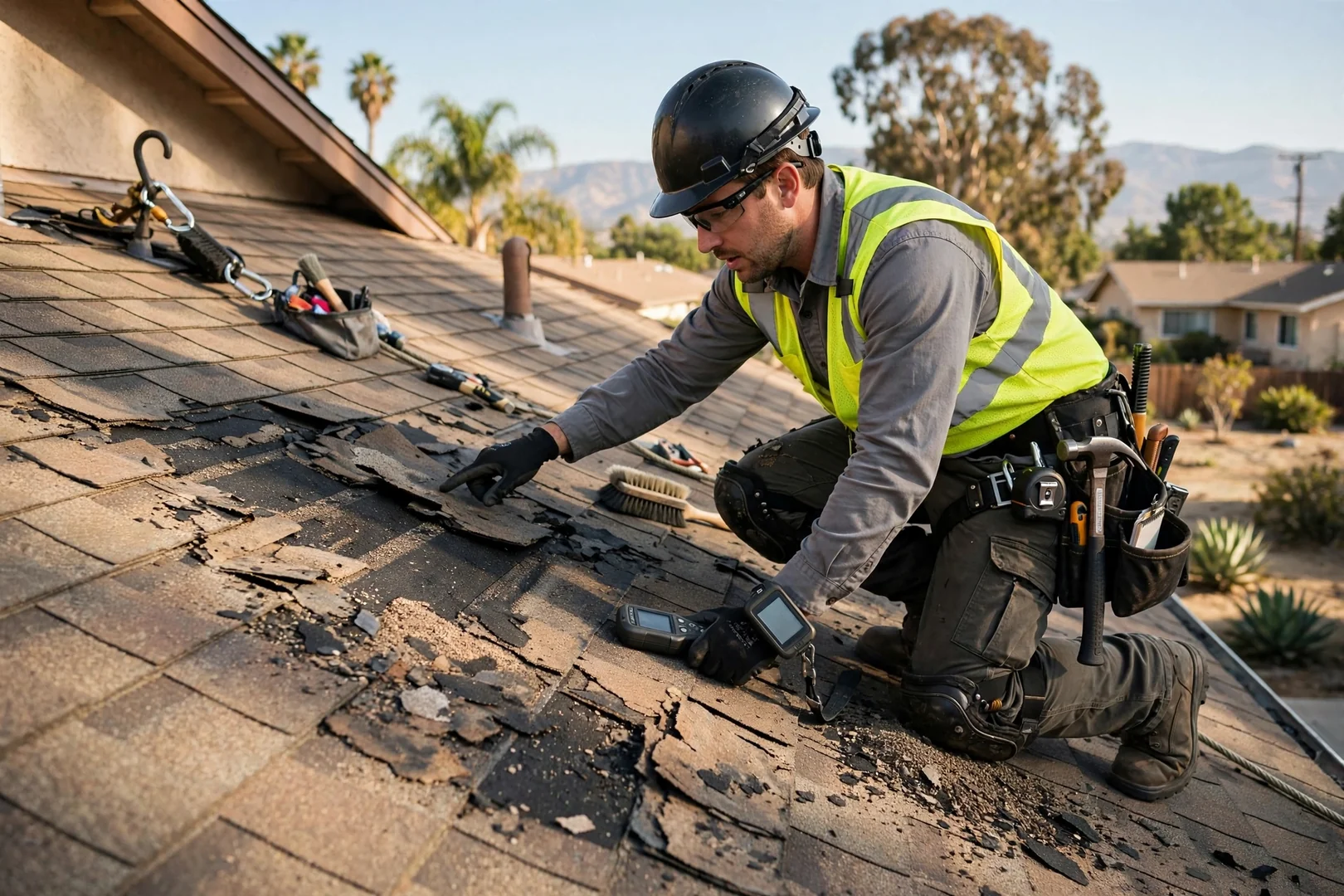 Sun-damaged asphalt shingles with granule loss on a Baldwin Park residential roof
