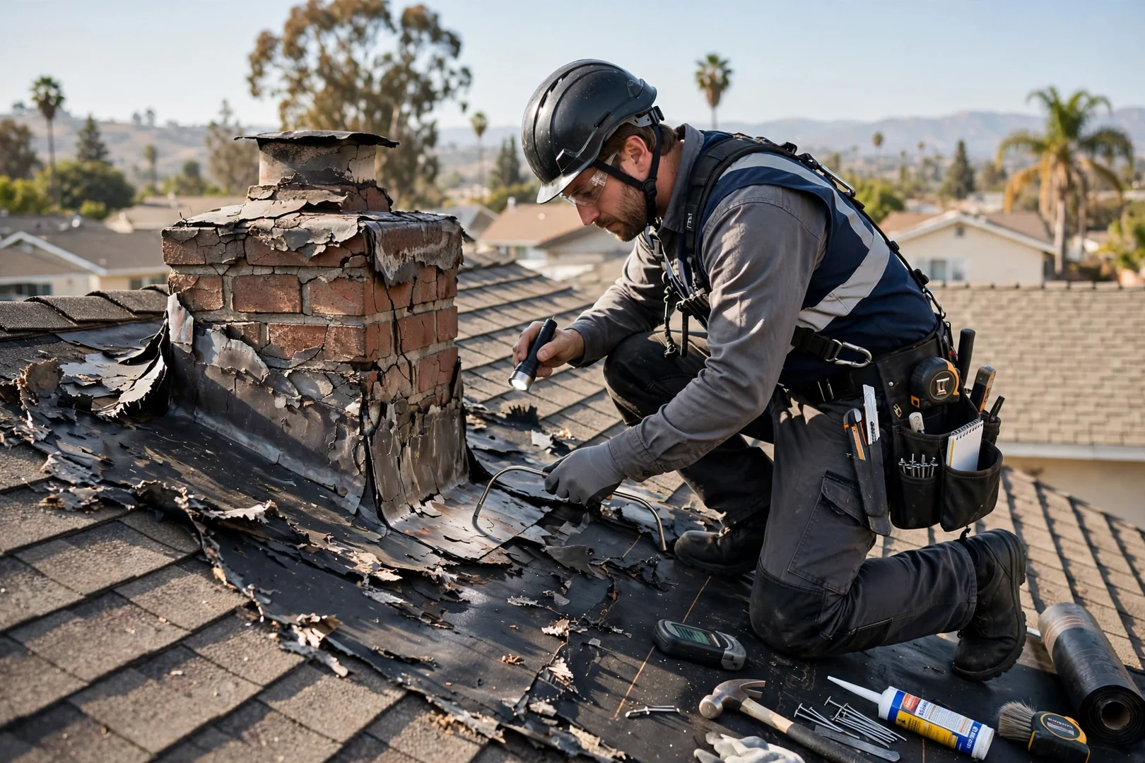 Roofing technician inspecting cracked chimney flashing and worn underlayment during evaluation