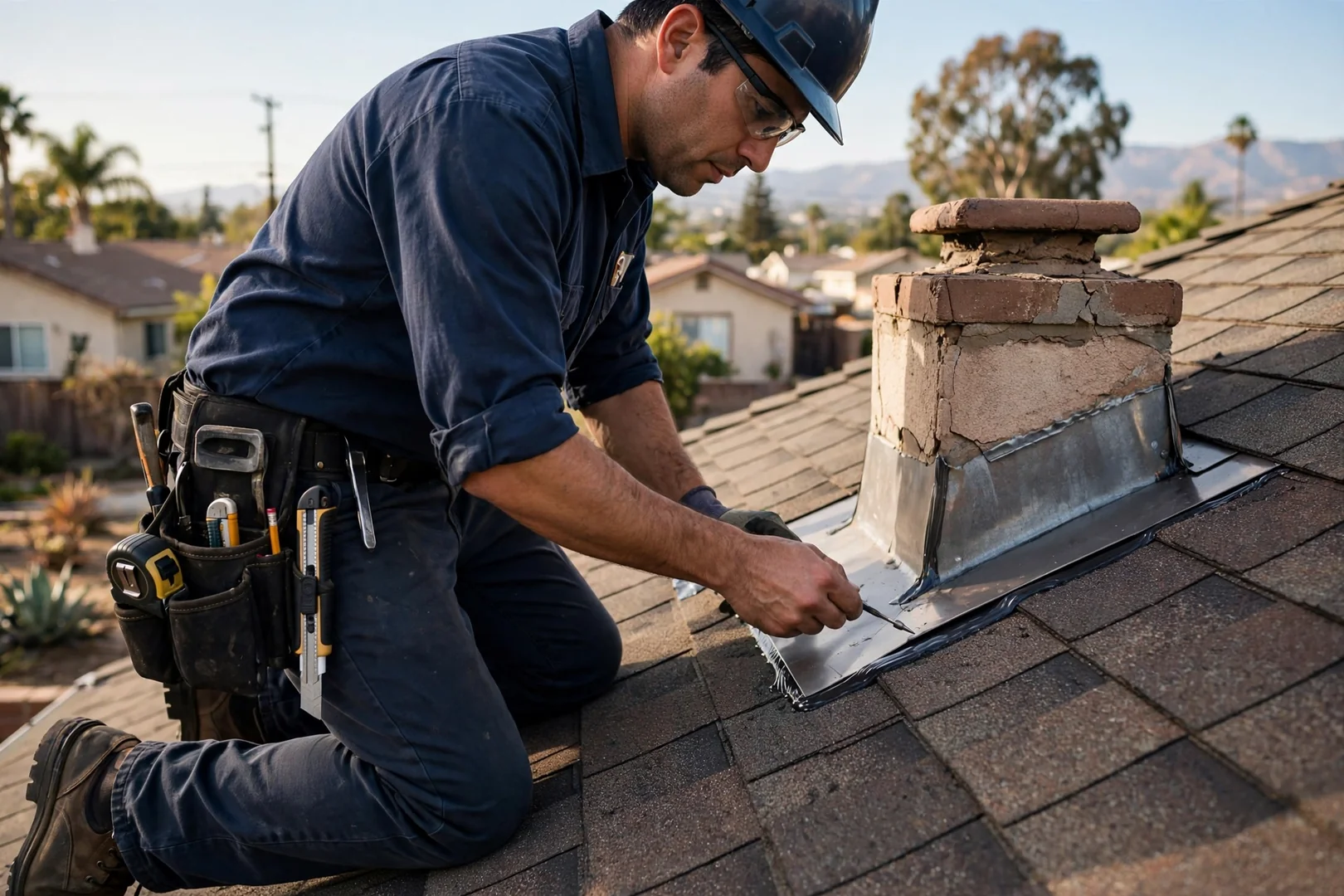 Roofing technician inspecting flashing and shingle seams during a Baldwin Park roof evaluation
