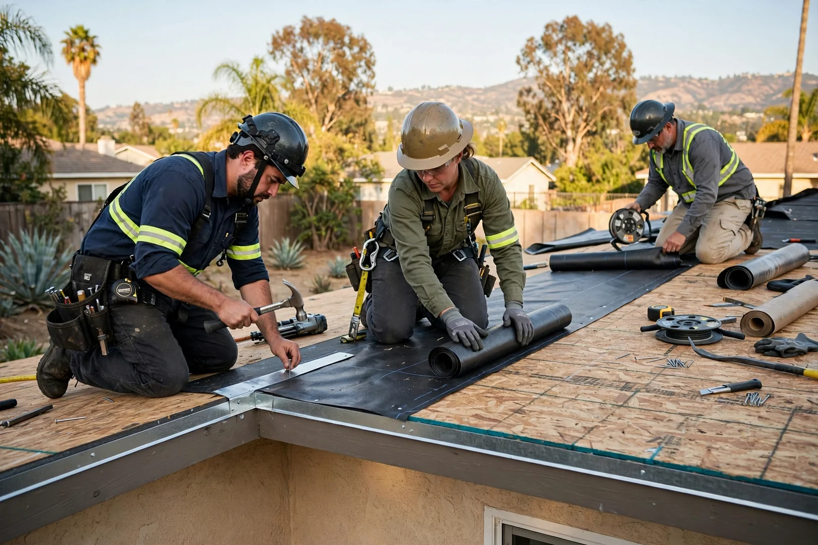 Crew installing underlayment and drip edge on a residential roof deck replacement