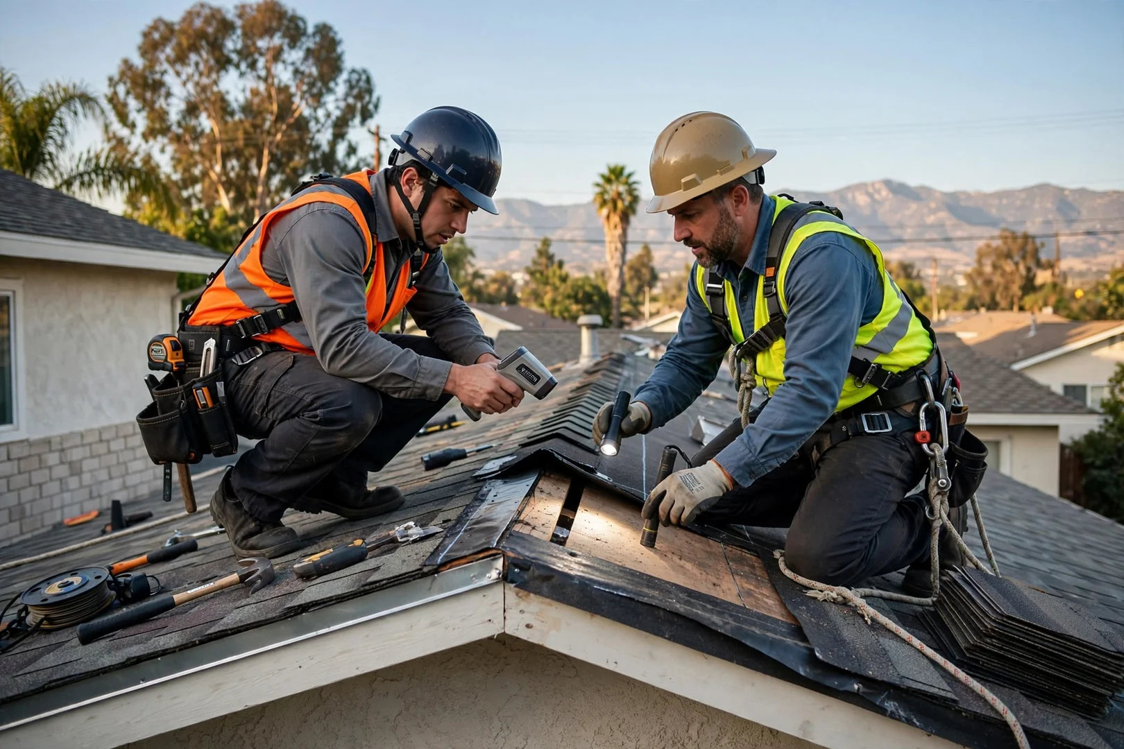Roofing technician reviewing inspection photos on a tablet beside a Baldwin Park home