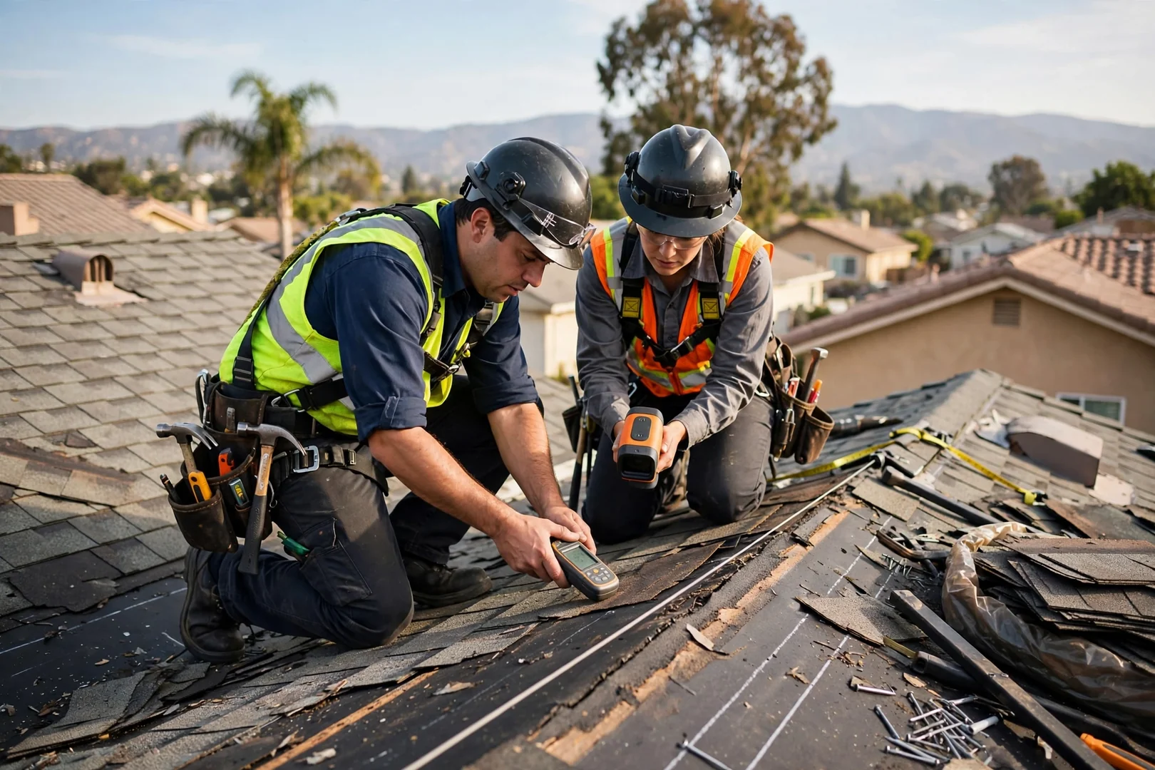 Roofing technicians installing underlayment with fall protection on a residential roof