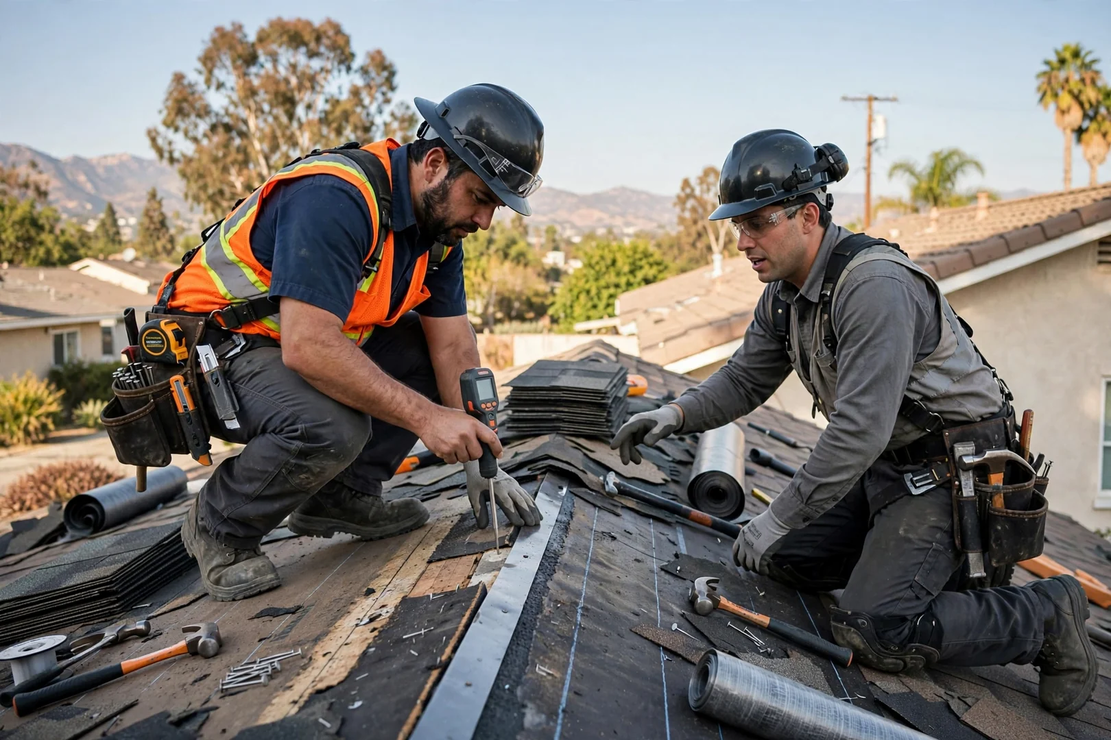 Experienced roofer measuring flashing detail during a rooftop evaluation in Baldwin Park