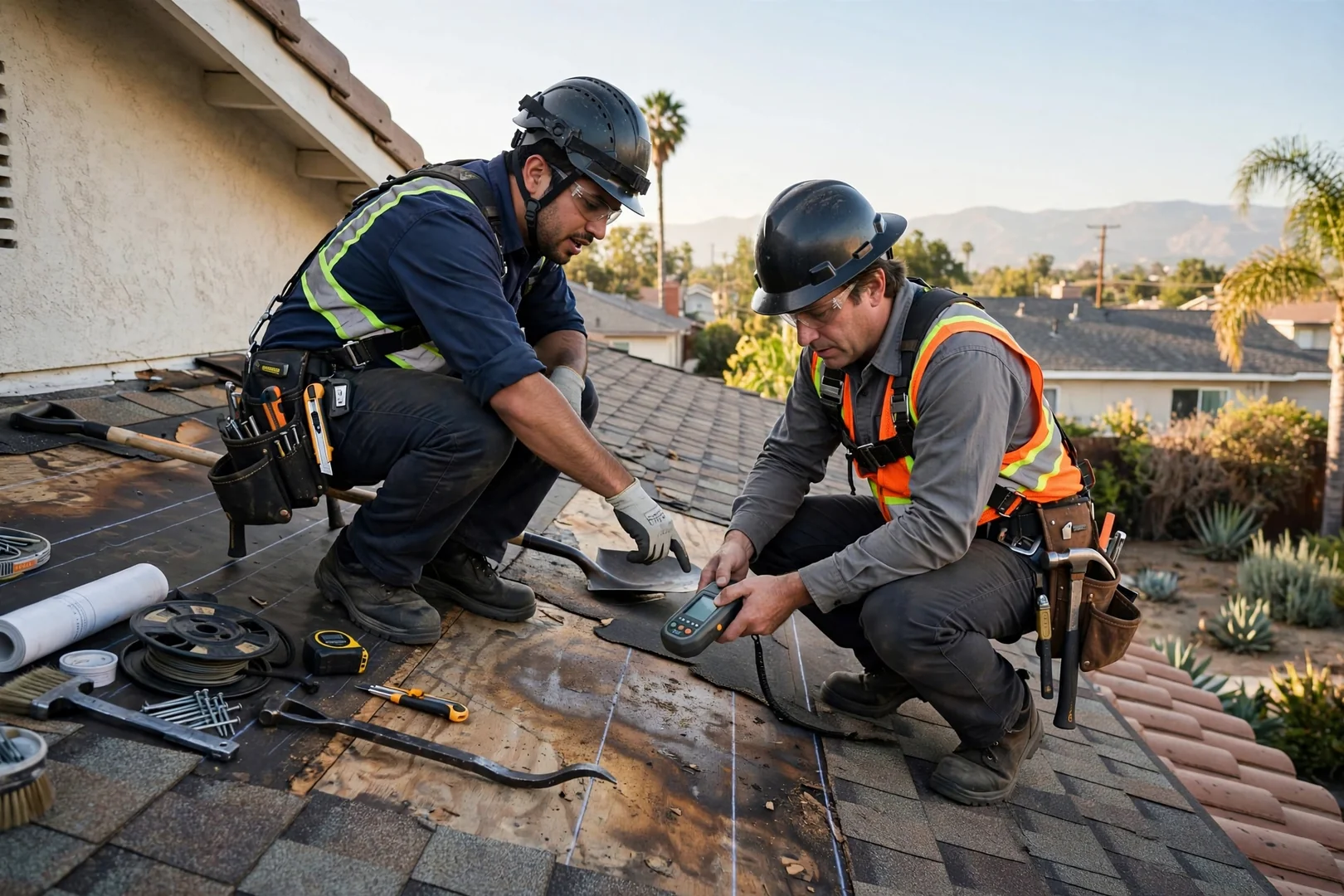 Roofing technician documenting wind-damaged shingles during a storm inspection on a Baldwin Park home