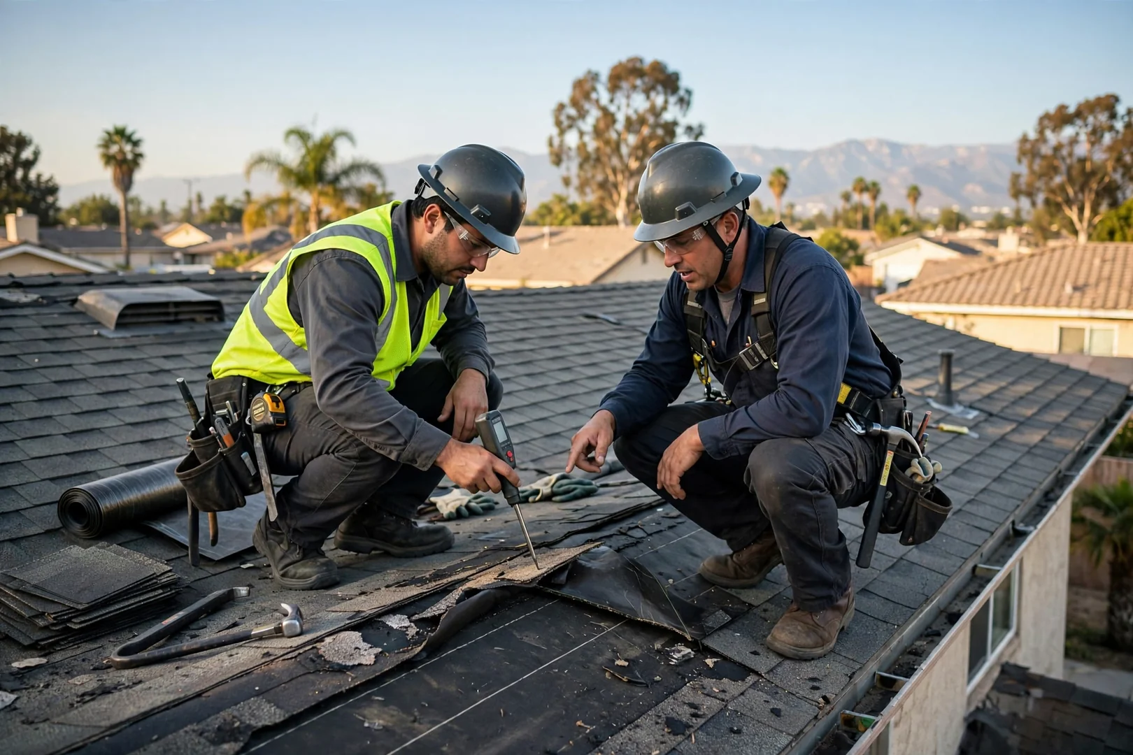 Roofer documenting wind-lifted shingles and cracked flashing after a storm inspection