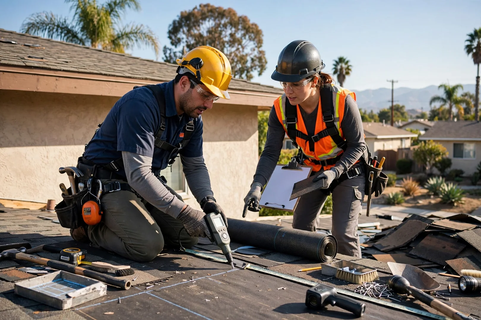 Roofing technician inspecting wind-damaged shingles and flashing on a Baldwin Park home