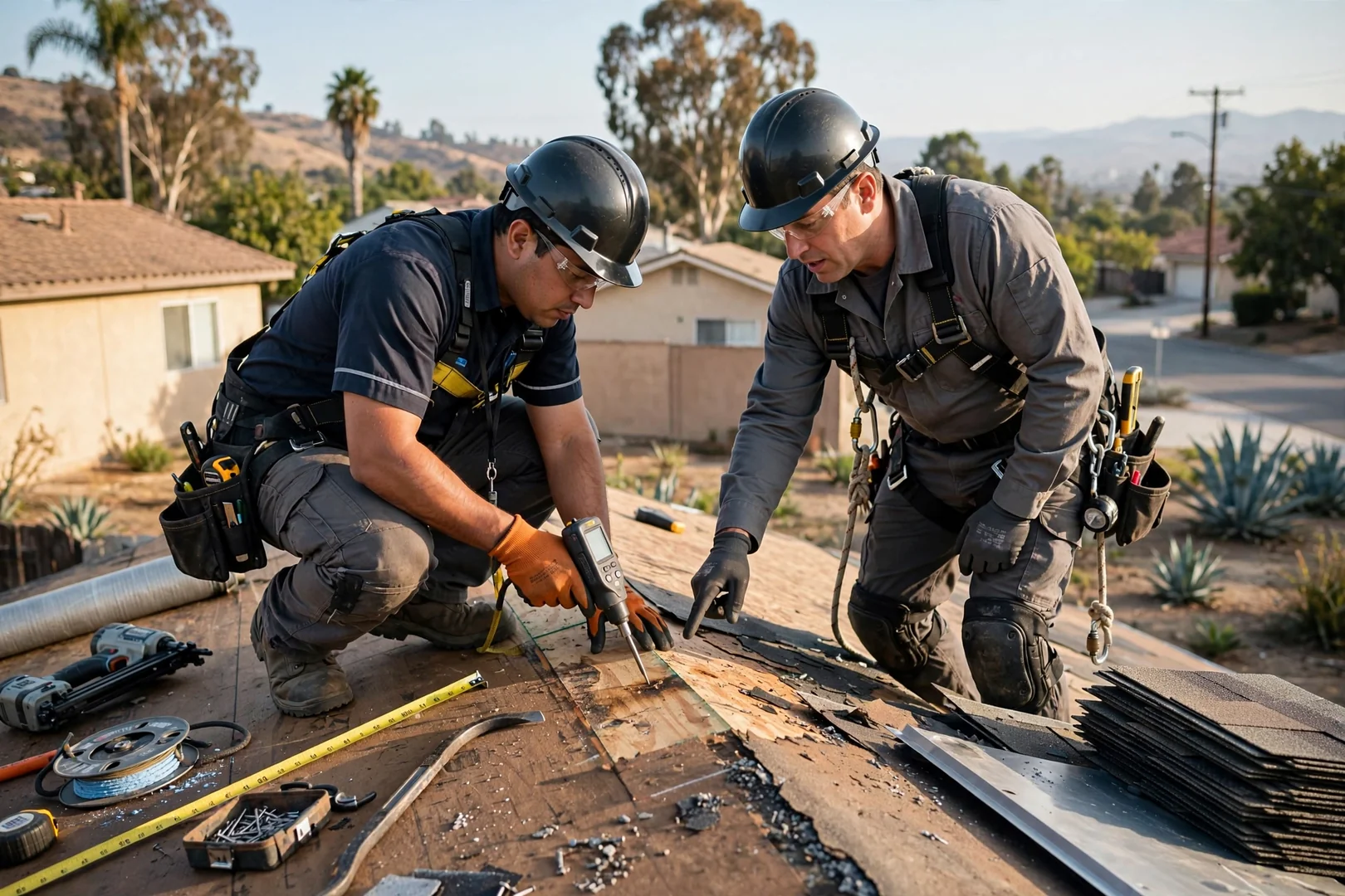 Roofing technician documenting wind-damaged shingles during a storm repair inspection in Baldwin Park